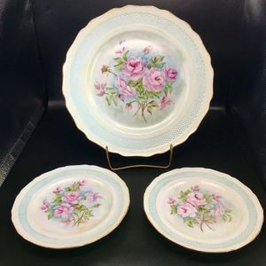 3Pc Kaiser Blue, Pink & Green Scalloped Floral Dishes, West Germany VTG